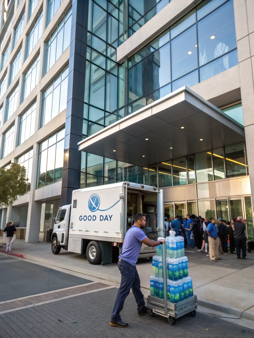 A large container of LEO PRIME TABLE WATER being delivered to a corporate office, showcasing the bulk water supply service.