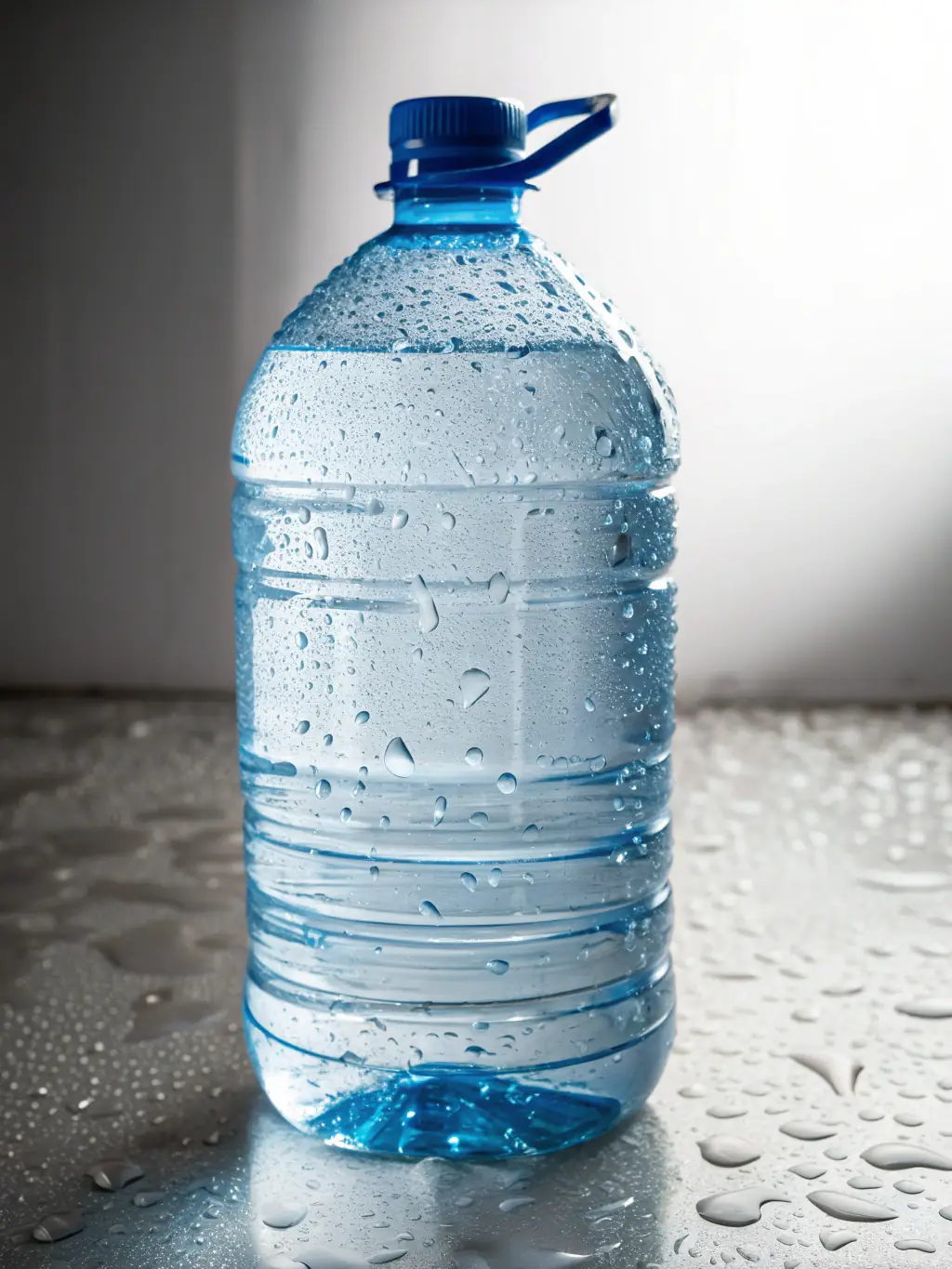 Image of a clear, 500ml bottled water with a clean label, placed on a modern table with a refreshing background.