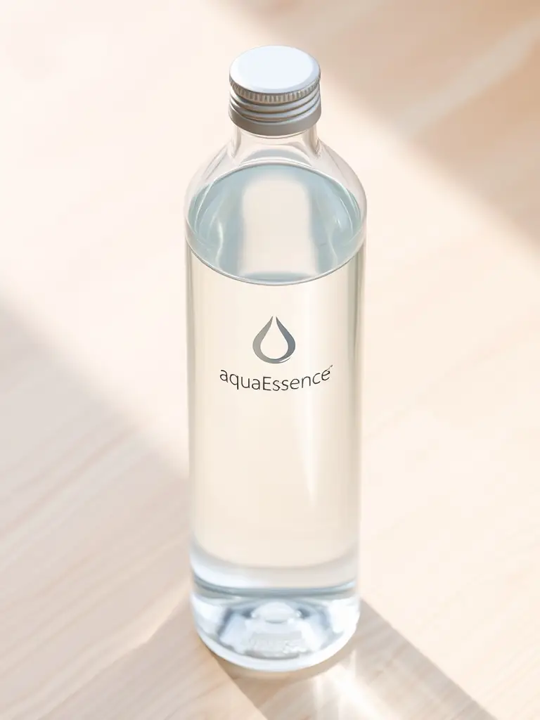 Image of a 1.5L transparent bottled water with a sleek label, placed in a modern kitchen or office setting.