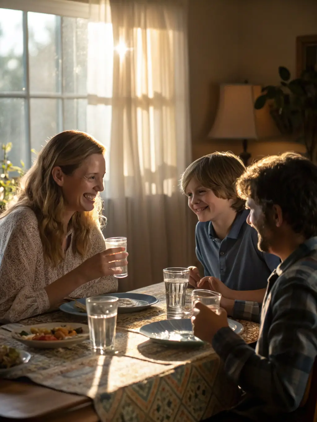 A family enjoying a meal with a 1.5L bottle of LEO PRIME TABLE WATER on the table, emphasizing its suitability for family use.
