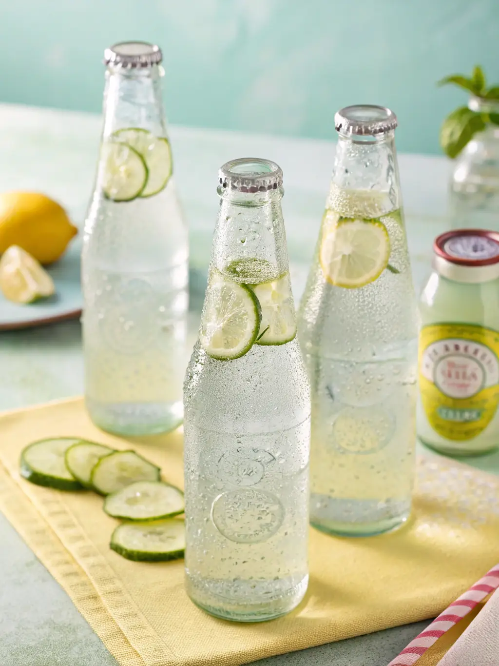 Image of a variety of LEO PRIME TABLE WATER bottles in different sizes arranged aesthetically on a blue and white background.
